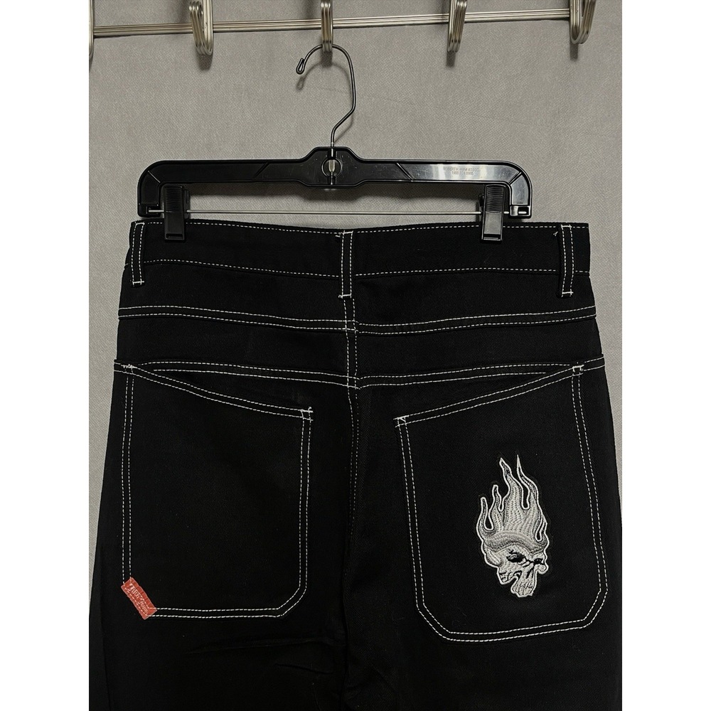 JNCO Black Bootcut Jeans with White Contrast Stitching & Flame Skull Patch